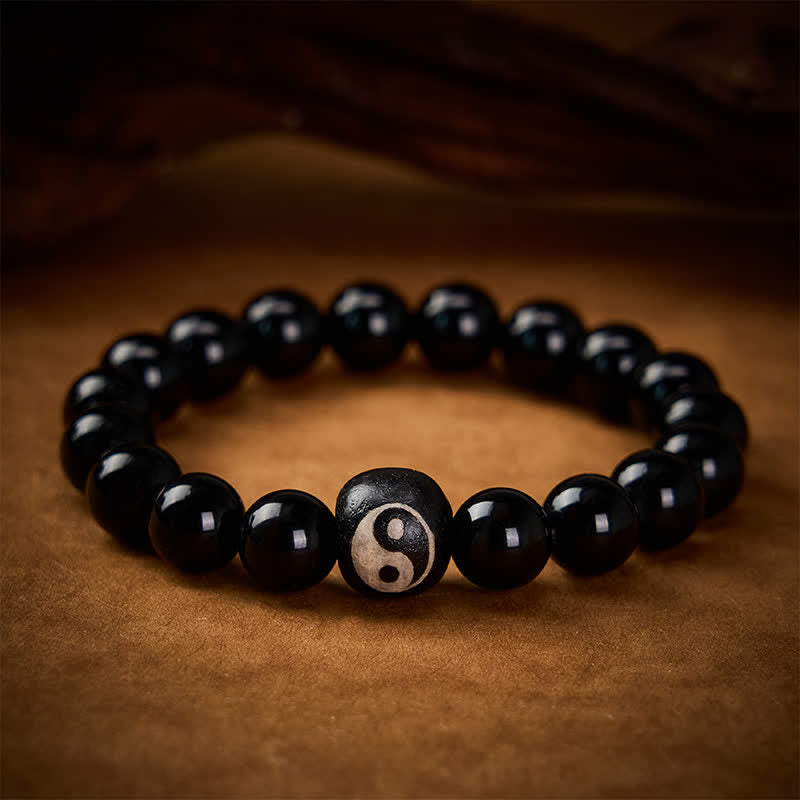 Buddha Stones Tibetan Black Obsidian Black Onyx Yin Yang Bead Protection Bracelet