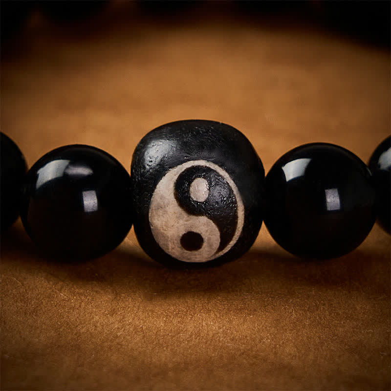 Buddha Stones Tibetan Black Obsidian Black Onyx Yin Yang Bead Protection Bracelet