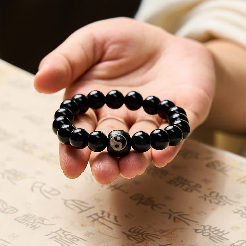 Buddha Stones Tibetan Black Obsidian Black Onyx Yin Yang Bead Protection Bracelet
