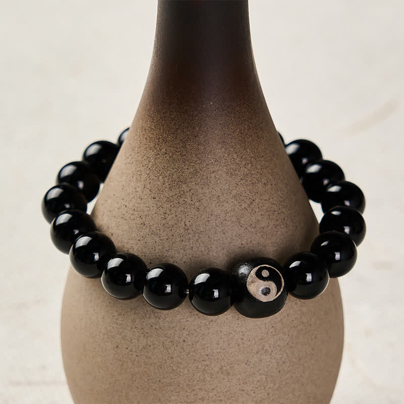 Buddha Stones Tibetan Black Obsidian Black Onyx Yin Yang Bead Protection Bracelet