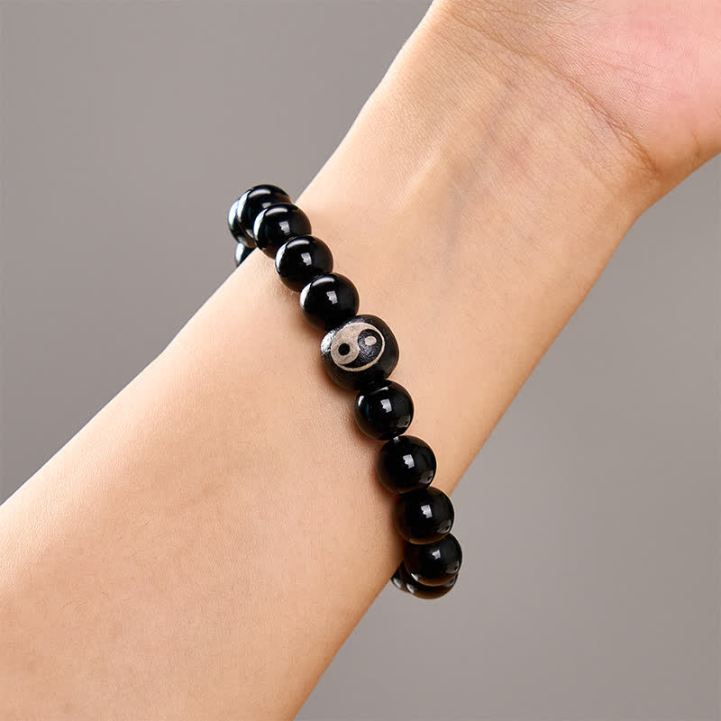Buddha Stones Tibetan Black Obsidian Black Onyx Yin Yang Bead Protection Bracelet