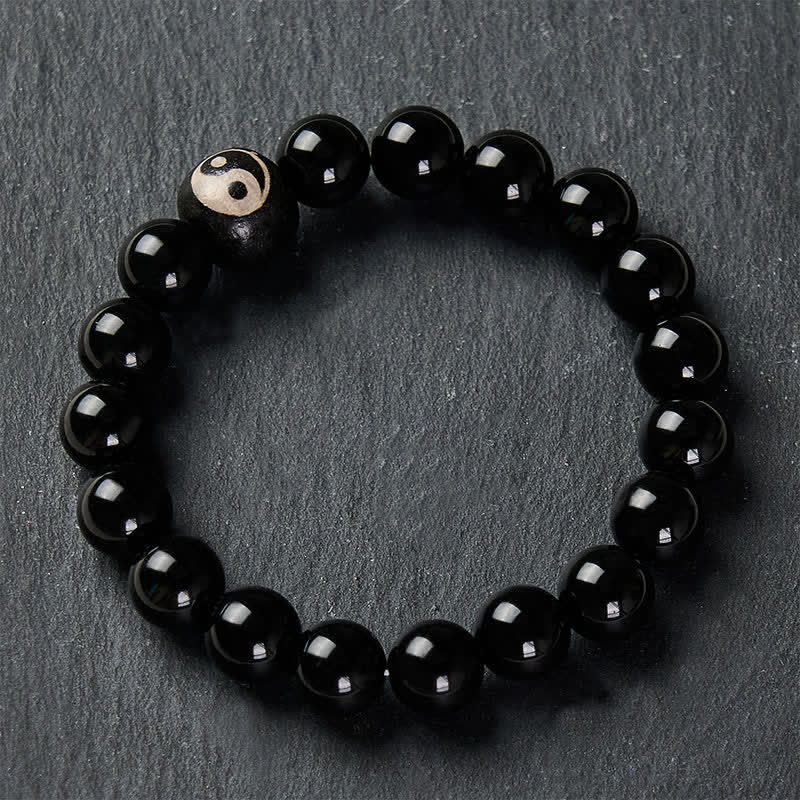 Buddha Stones Tibetan Black Obsidian Black Onyx Yin Yang Bead Protection Bracelet