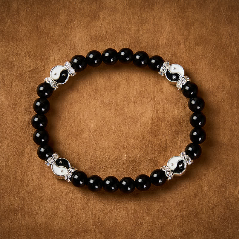 Buddha Stones Black Obsidian Yin Yang Balance Round Charm Bracelet