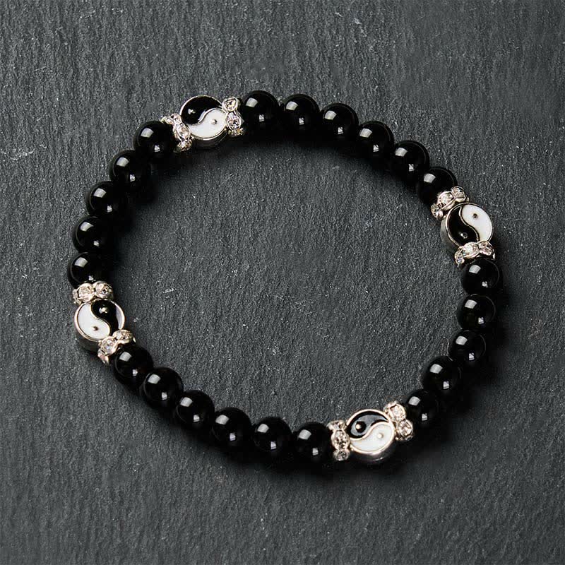 Buddha Stones Black Obsidian Yin Yang Balance Round Charm Bracelet