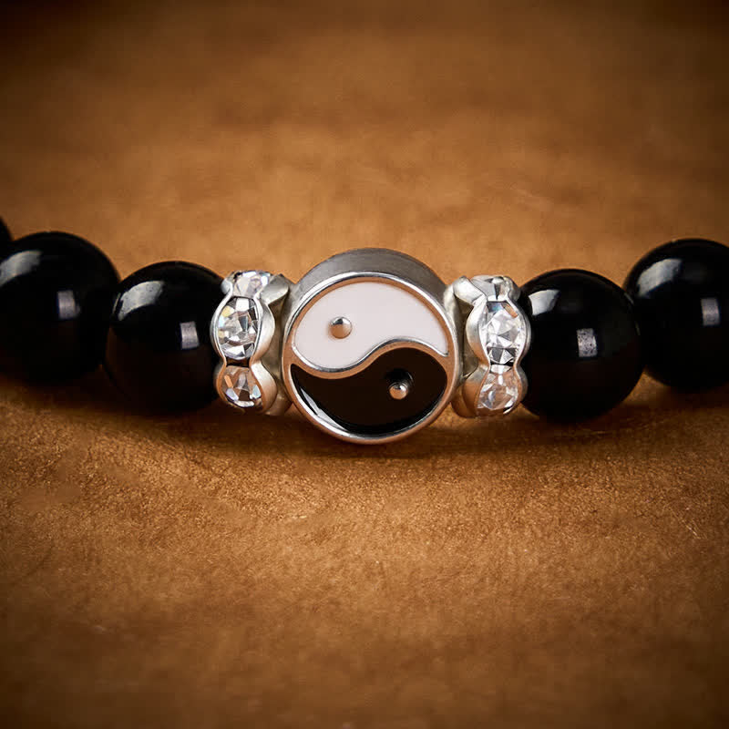 Buddha Stones Black Obsidian Yin Yang Balance Round Charm Bracelet