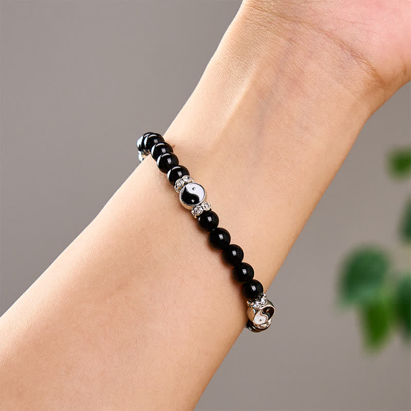 Buddha Stones Black Obsidian Yin Yang Balance Round Charm Bracelet