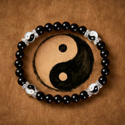 Buddha Stones Black Obsidian Yin Yang Balance Round Charm Bracelet