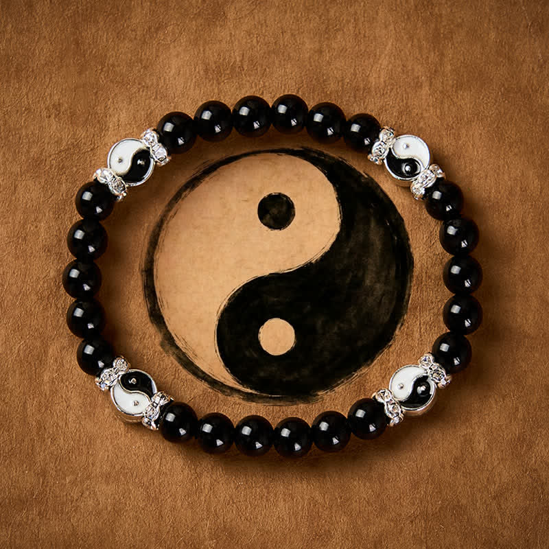 Buddha Stones Black Obsidian Yin Yang Balance Round Charm Bracelet
