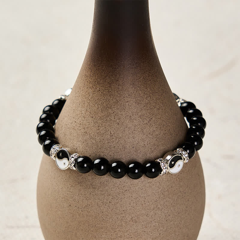 Buddha Stones Black Obsidian Yin Yang Balance Round Charm Bracelet