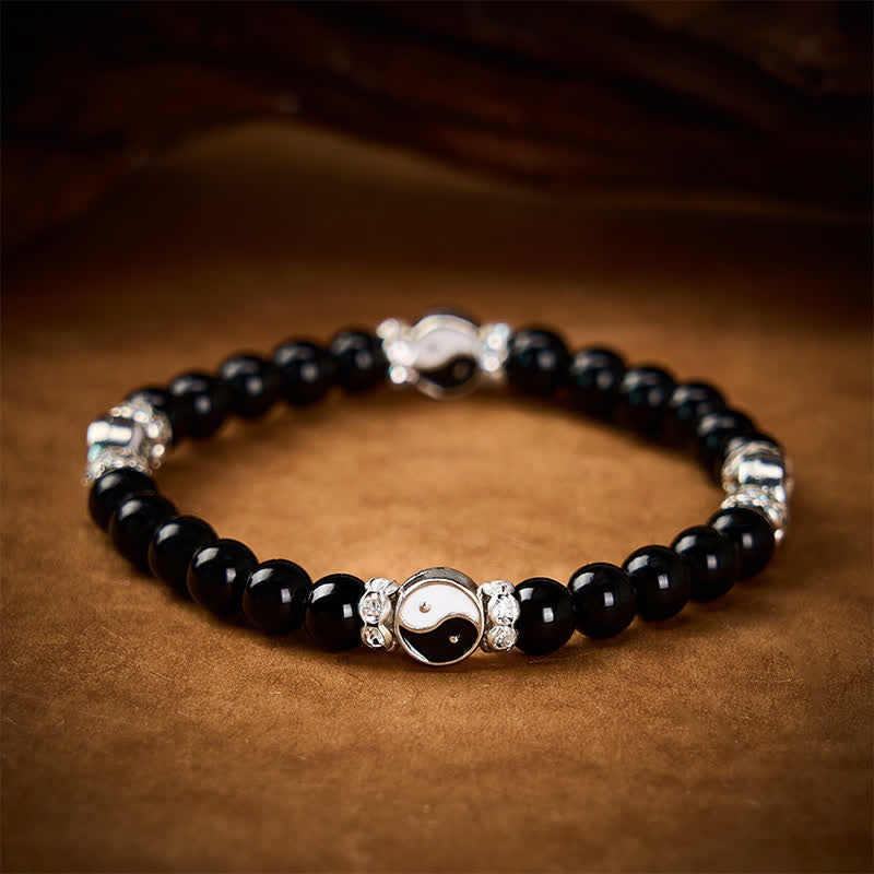 Buddha Stones Black Obsidian Yin Yang Balance Round Charm Bracelet