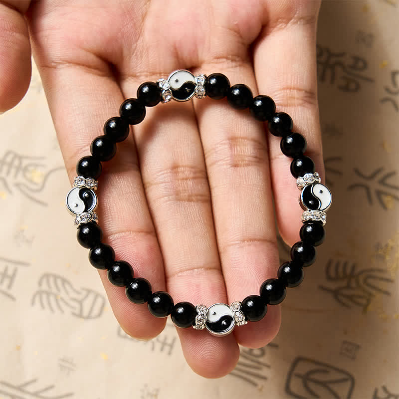 Buddha Stones Black Obsidian Yin Yang Balance Round Charm Bracelet