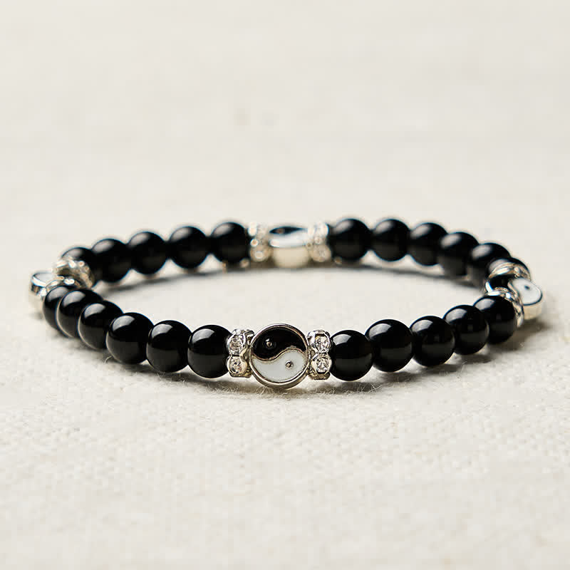 Buddha Stones Black Obsidian Yin Yang Balance Round Charm Bracelet
