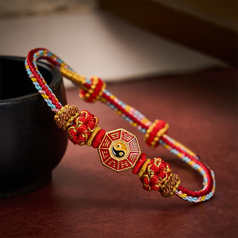 Buddha Stones Protection Colorful String Bagua Chinese Coin Hand-Woven Tibetan Braided Bracelet