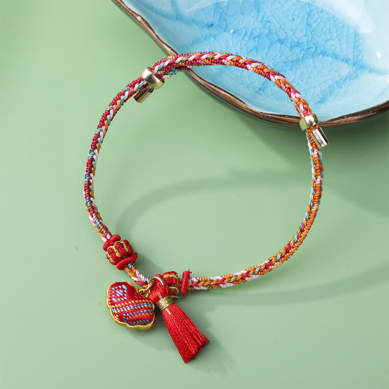 Buddha Stones Braided Five Color Cord Song Brocade Ruyi Scepter Tassel Luck Bracelet