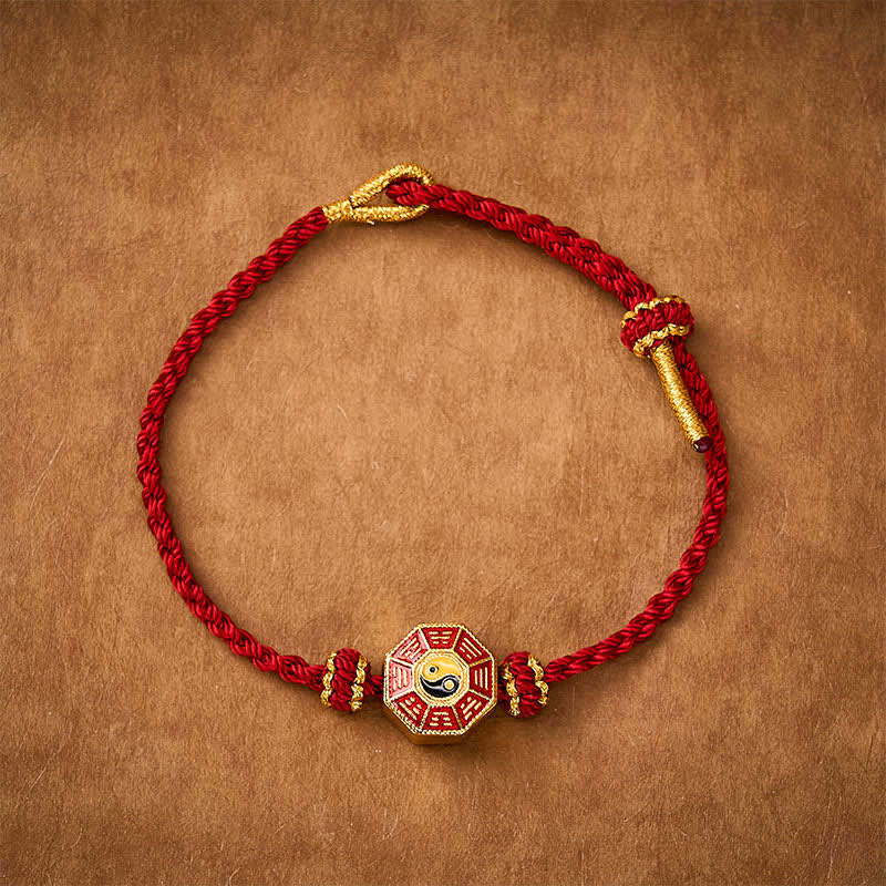 Buddha Stones Braided Red String Bagua Chinese Coin Protection Adjustable Bracelet