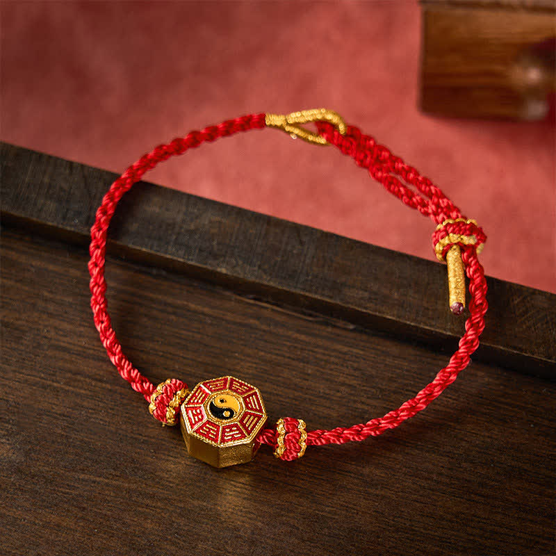 Buddha Stones Braided Red String Bagua Chinese Coin Protection Adjustable Bracelet