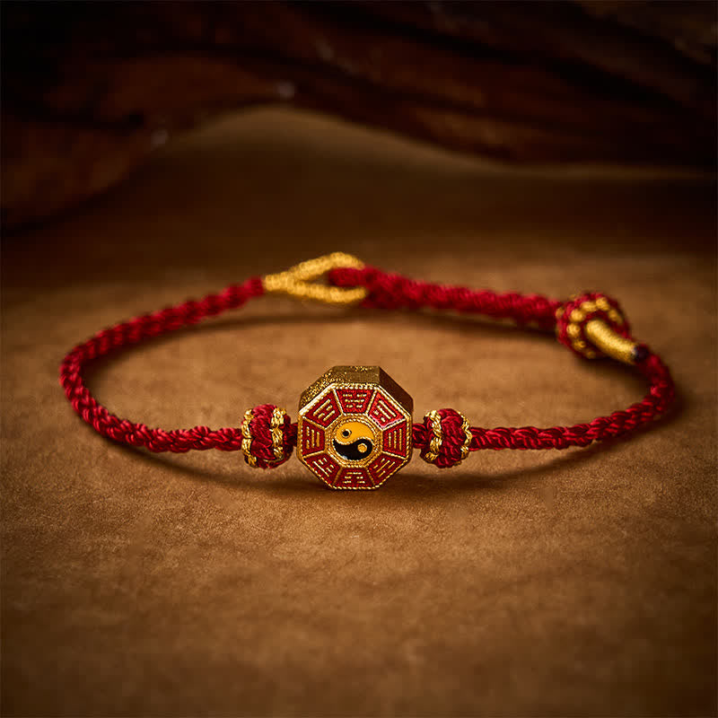 Buddha Stones Braided Red String Bagua Chinese Coin Protection Adjustable Bracelet