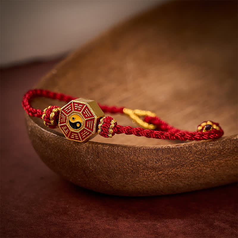 Buddha Stones Braided Red String Bagua Chinese Coin Protection Adjustable Bracelet