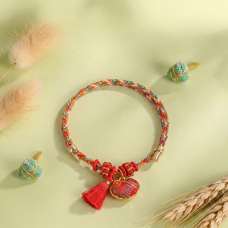 Buddha Stones Handmade Five-Color Cord Luck Red Song Brocade Chinese Lock Charm Apple Money Bag Gourd Zongzi Braided Bracelet