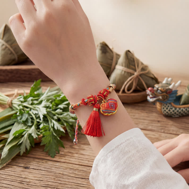 Buddha Stones Handmade Five-Color Cord Luck Red Song Brocade Chinese Lock Charm Apple Money Bag Gourd Zongzi Braided Bracelet