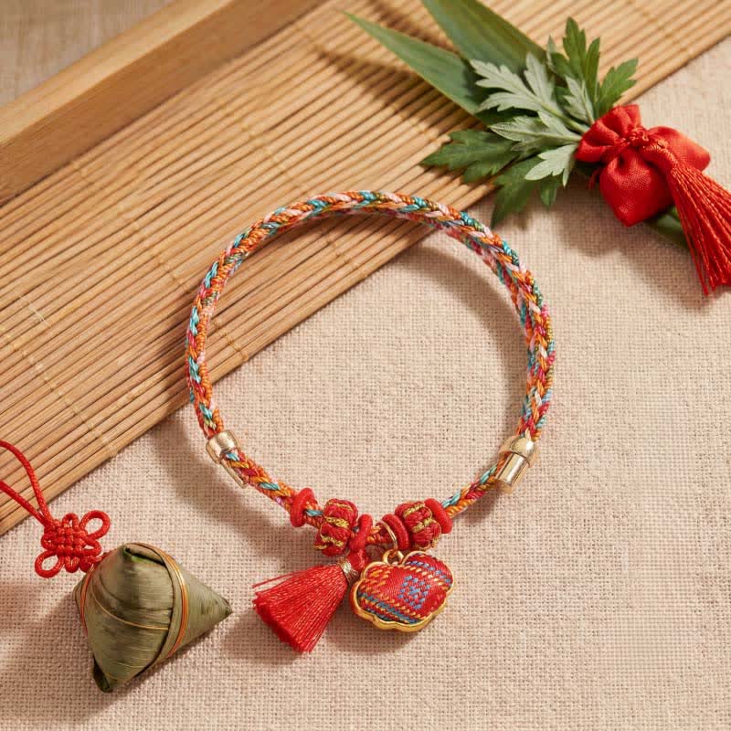 Buddha Stones Handmade Five-Color Cord Luck Red Song Brocade Chinese Lock Charm Apple Money Bag Gourd Zongzi Braided Bracelet