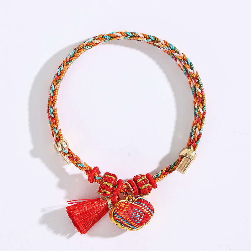 Buddha Stones Handmade Five-Color Cord Luck Red Song Brocade Chinese Lock Charm Apple Money Bag Gourd Zongzi Braided Bracelet