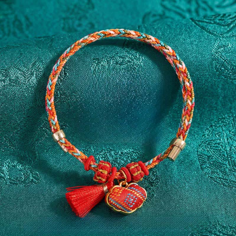 Buddha Stones Handmade Five-Color Cord Luck Red Song Brocade Chinese Lock Charm Apple Money Bag Gourd Zongzi Braided Bracelet