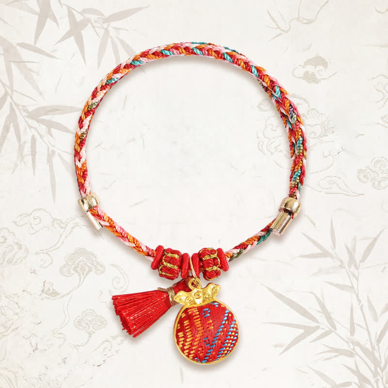 Buddha Stones Handmade Five-Color Cord Luck Red Song Brocade Chinese Lock Charm Apple Money Bag Gourd Zongzi Braided Bracelet