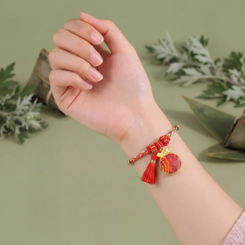 Buddha Stones Handmade Five-Color Cord Luck Red Song Brocade Chinese Lock Charm Apple Money Bag Gourd Zongzi Braided Bracelet