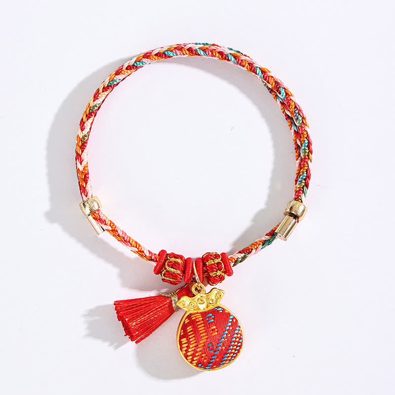 Buddha Stones Handmade Five-Color Cord Luck Red Song Brocade Chinese Lock Charm Apple Money Bag Gourd Zongzi Braided Bracelet