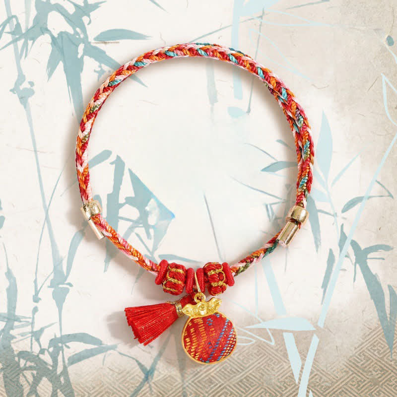 Buddha Stones Handmade Five-Color Cord Luck Red Song Brocade Chinese Lock Charm Apple Money Bag Gourd Zongzi Braided Bracelet