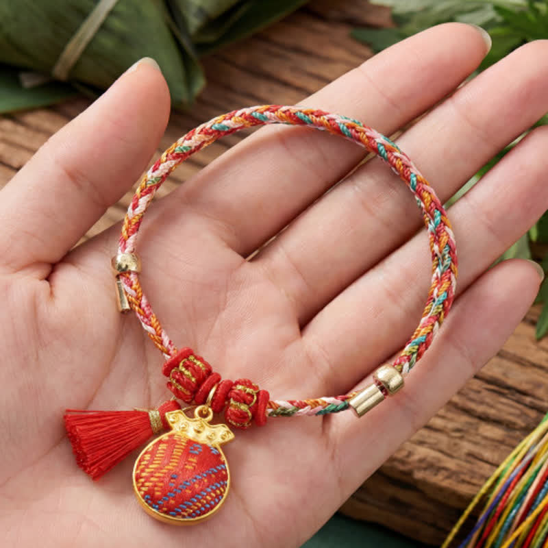 Buddha Stones Handmade Five-Color Cord Luck Red Song Brocade Chinese Lock Charm Apple Money Bag Gourd Zongzi Braided Bracelet