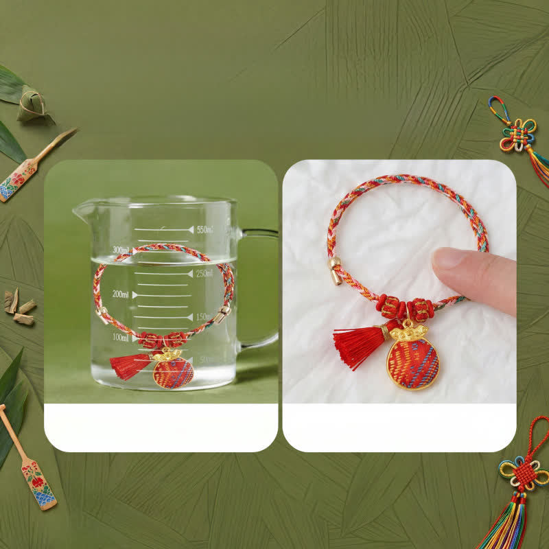 Buddha Stones Handmade Five-Color Cord Luck Red Song Brocade Chinese Lock Charm Apple Money Bag Gourd Zongzi Braided Bracelet