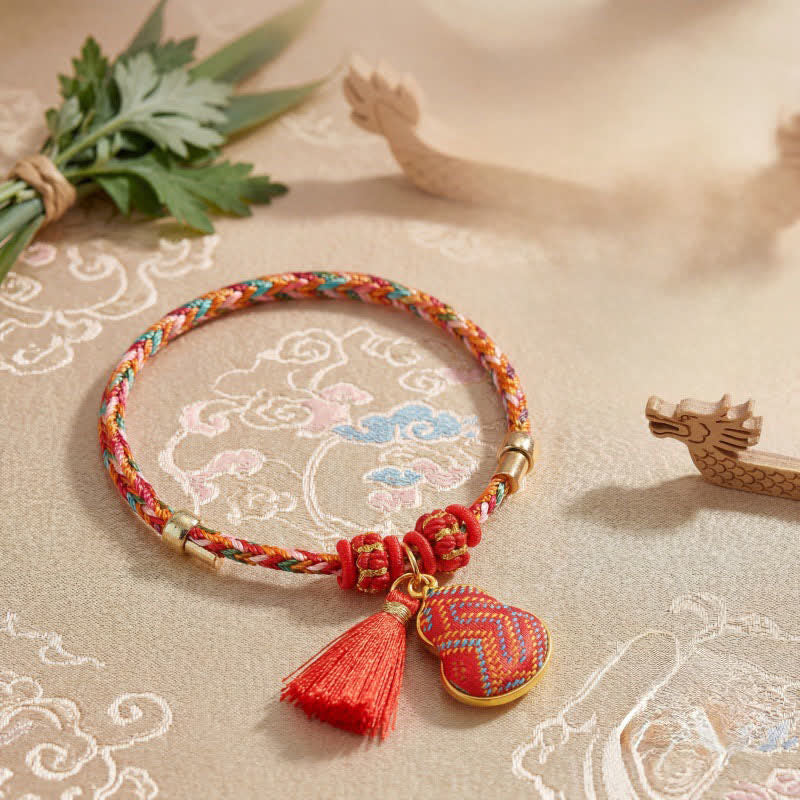 Buddha Stones Handmade Five-Color Cord Luck Red Song Brocade Chinese Lock Charm Apple Money Bag Gourd Zongzi Braided Bracelet