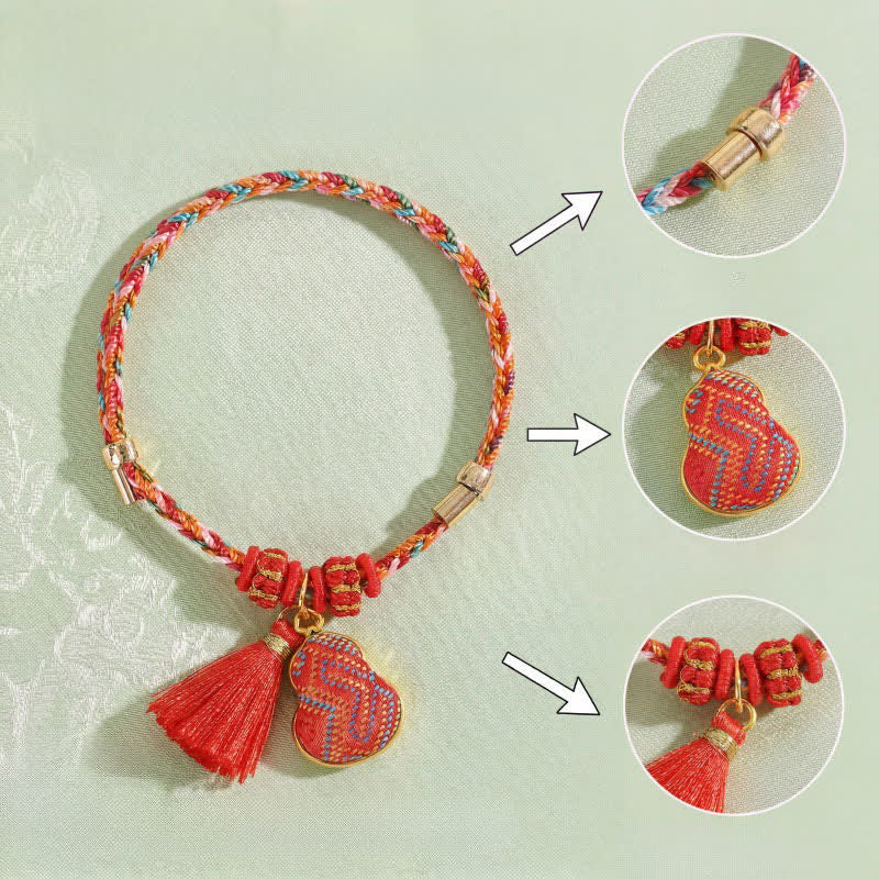Buddha Stones Handmade Five-Color Cord Luck Red Song Brocade Chinese Lock Charm Apple Money Bag Gourd Zongzi Braided Bracelet