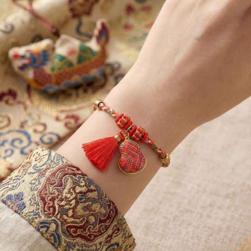 Buddha Stones Handmade Five-Color Cord Luck Red Song Brocade Chinese Lock Charm Apple Money Bag Gourd Zongzi Braided Bracelet