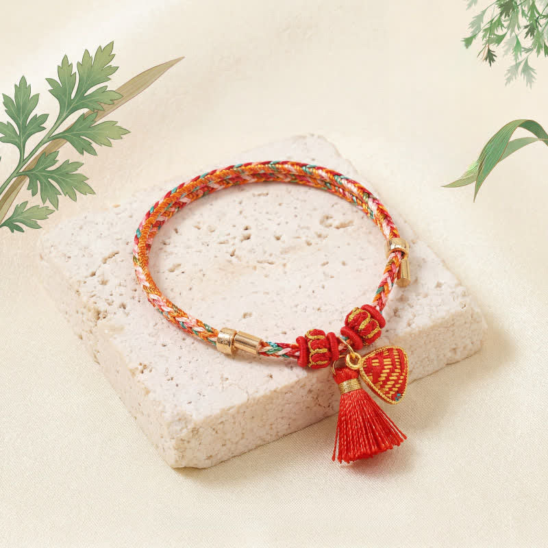 Buddha Stones Handmade Five-Color Cord Luck Red Song Brocade Chinese Lock Charm Apple Money Bag Gourd Zongzi Braided Bracelet