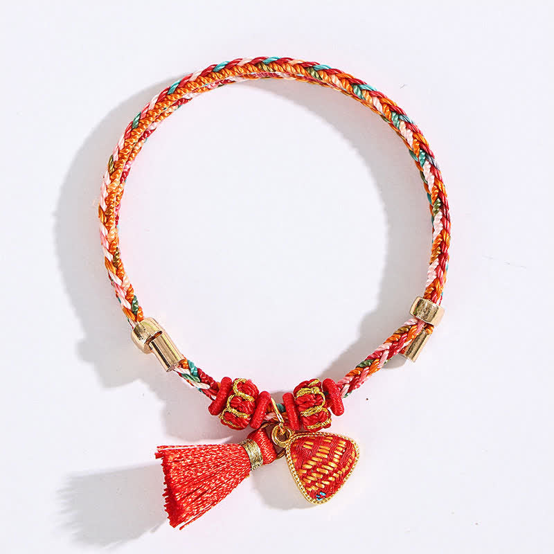 Buddha Stones Handmade Five-Color Cord Luck Red Song Brocade Chinese Lock Charm Apple Money Bag Gourd Zongzi Braided Bracelet