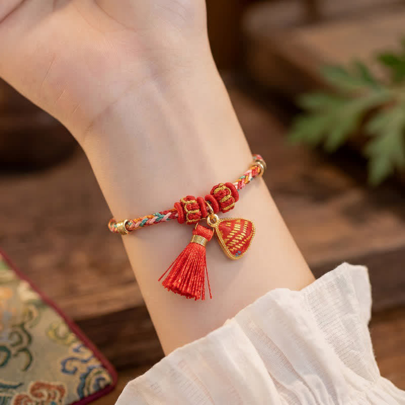 Buddha Stones Handmade Five-Color Cord Luck Red Song Brocade Chinese Lock Charm Apple Money Bag Gourd Zongzi Braided Bracelet