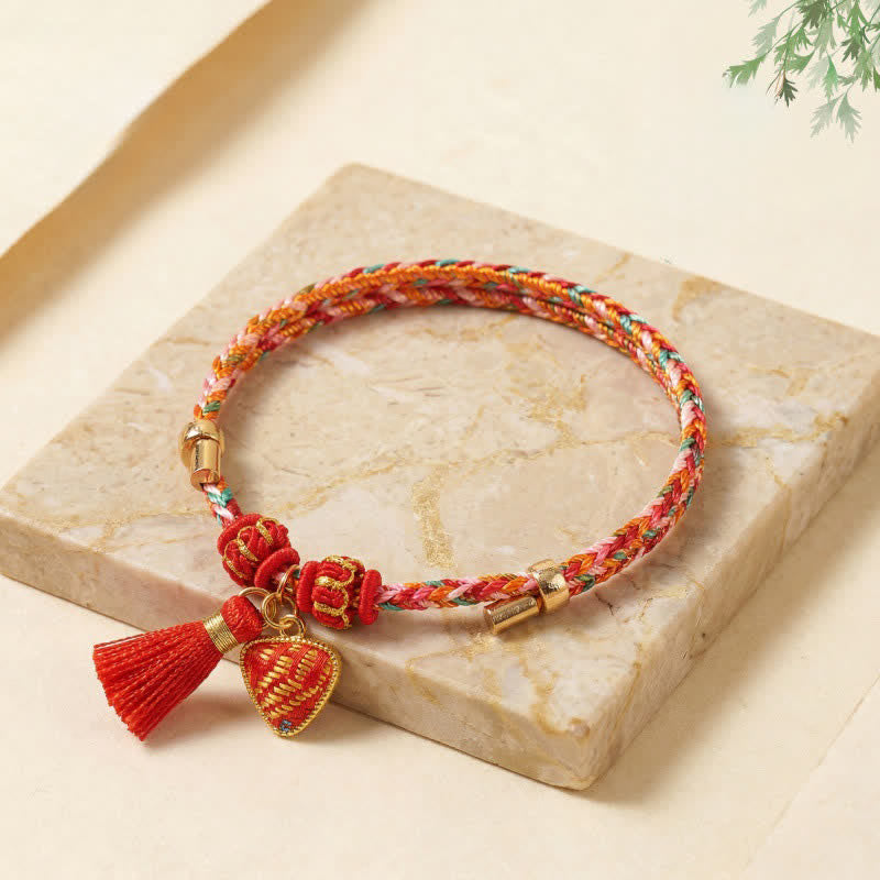 Buddha Stones Handmade Five-Color Cord Luck Red Song Brocade Chinese Lock Charm Apple Money Bag Gourd Zongzi Braided Bracelet
