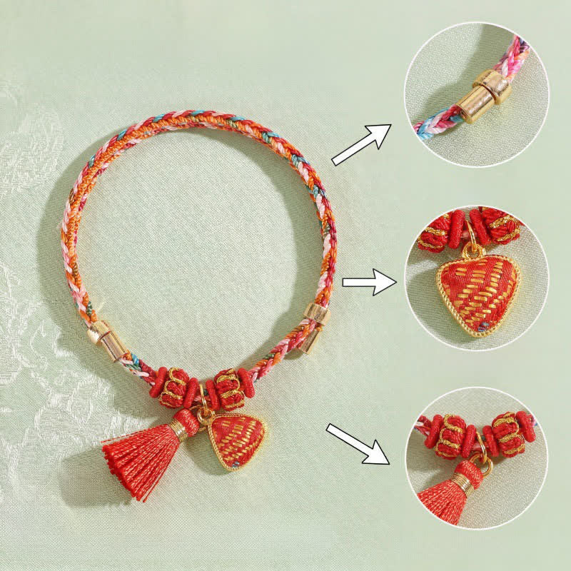 Buddha Stones Handmade Five-Color Cord Luck Red Song Brocade Chinese Lock Charm Apple Money Bag Gourd Zongzi Braided Bracelet