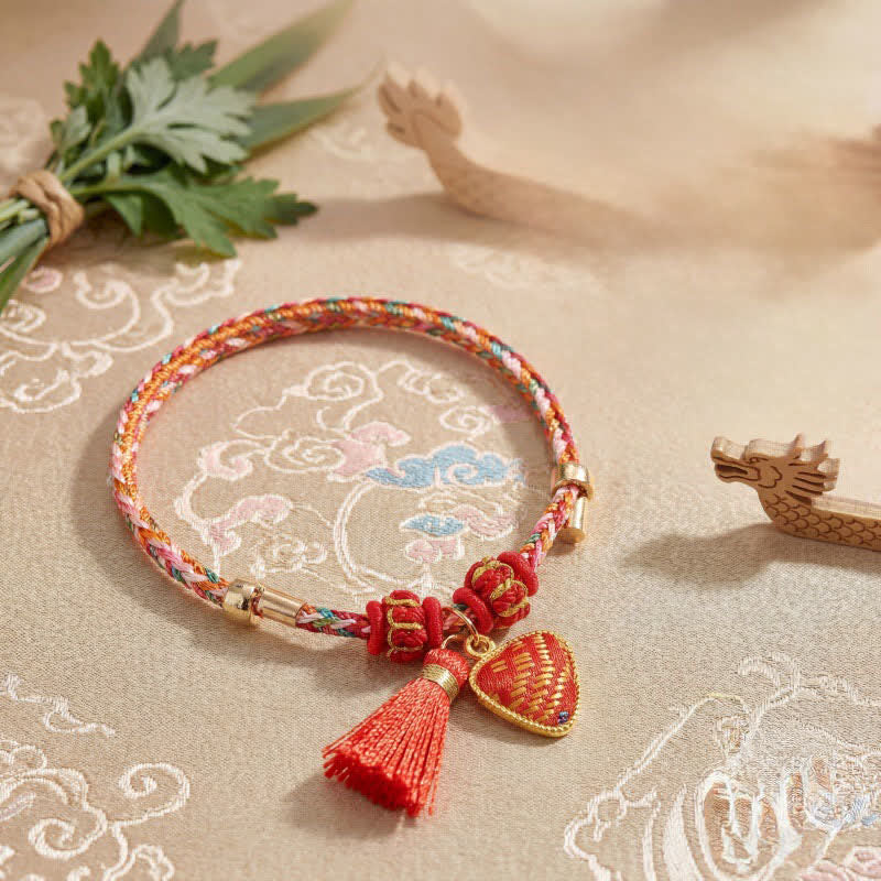 Buddha Stones Handmade Five-Color Cord Luck Red Song Brocade Chinese Lock Charm Apple Money Bag Gourd Zongzi Braided Bracelet