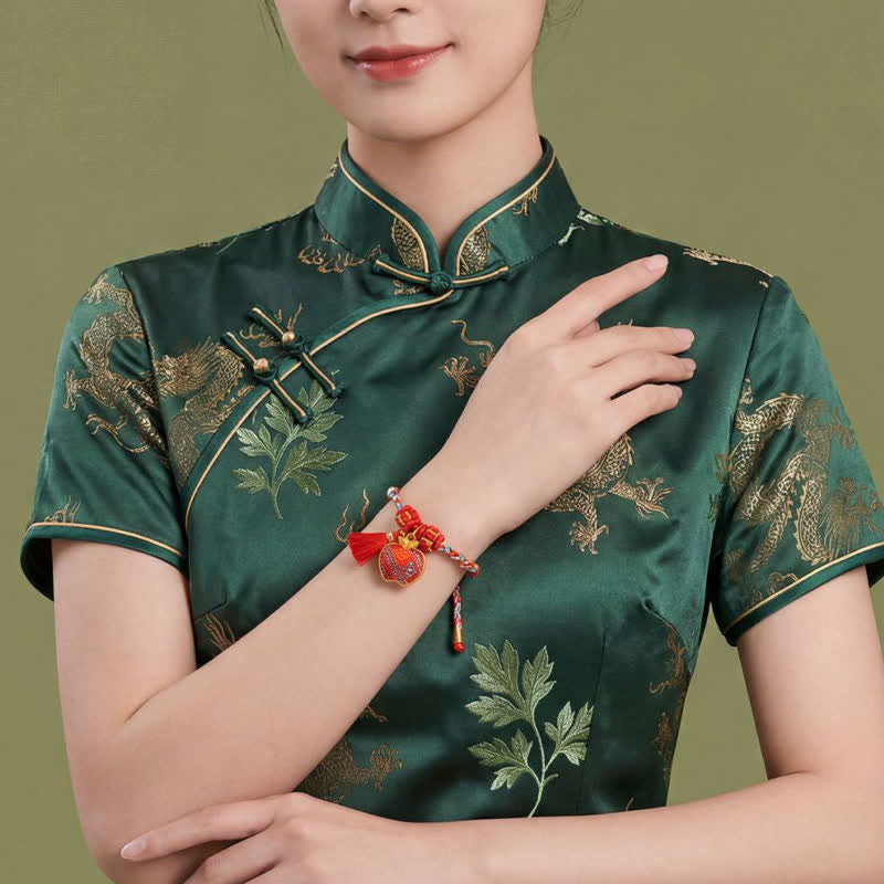 Buddha Stones Handmade Five-Color Cord Luck Red Song Brocade Chinese Lock Charm Apple Money Bag Gourd Zongzi Braided Bracelet