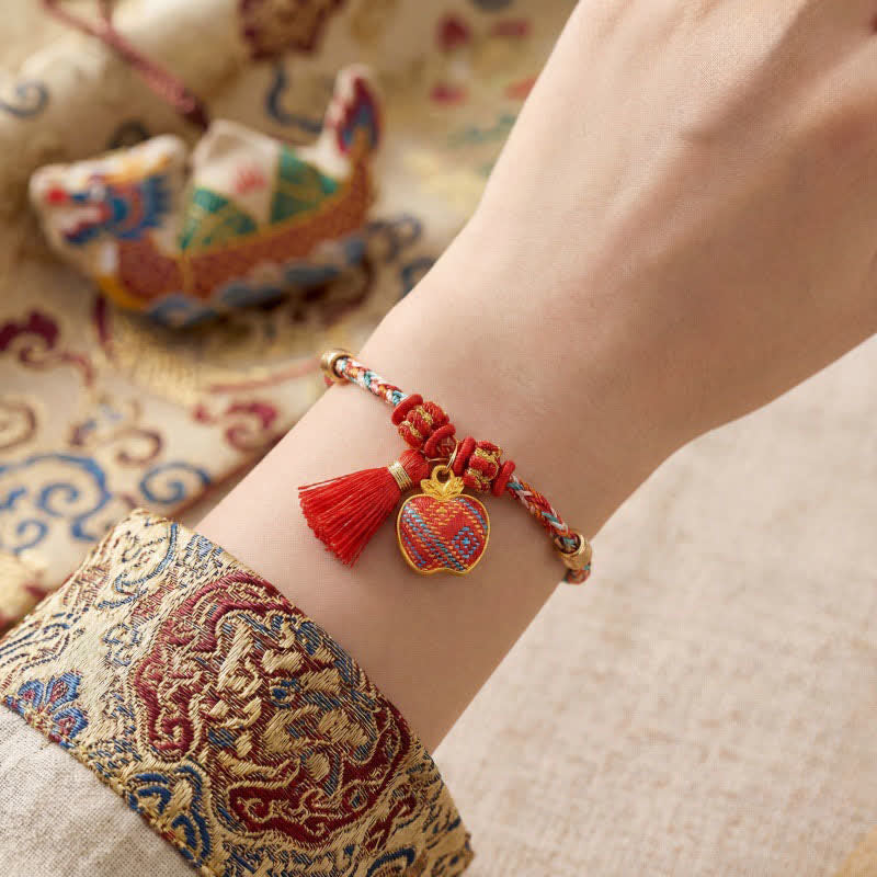 Buddha Stones Handmade Five-Color Cord Luck Red Song Brocade Chinese Lock Charm Apple Money Bag Gourd Zongzi Braided Bracelet