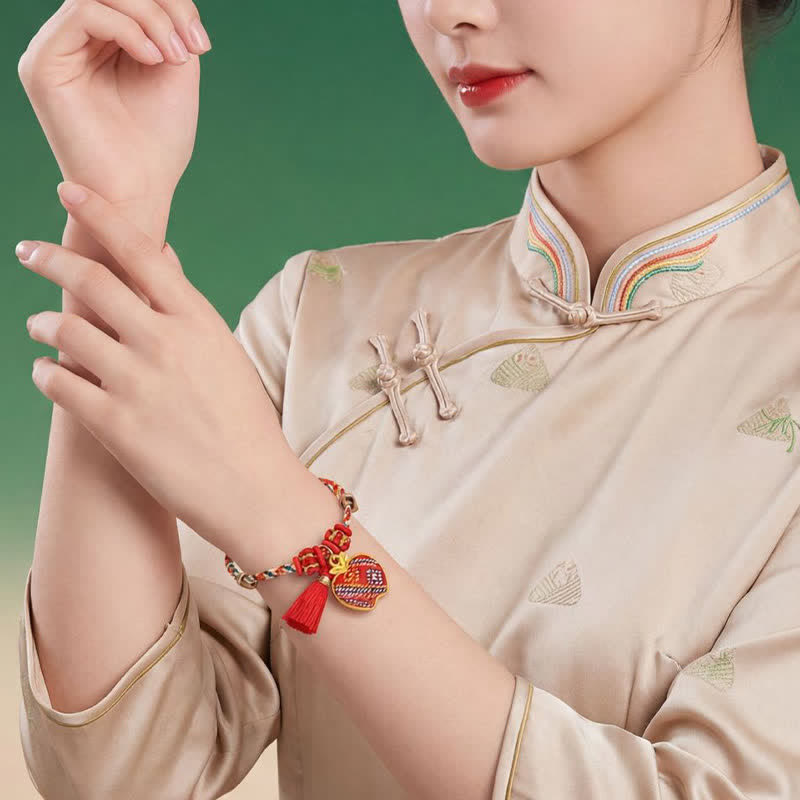 Buddha Stones Handmade Five-Color Cord Luck Red Song Brocade Chinese Lock Charm Apple Money Bag Gourd Zongzi Braided Bracelet