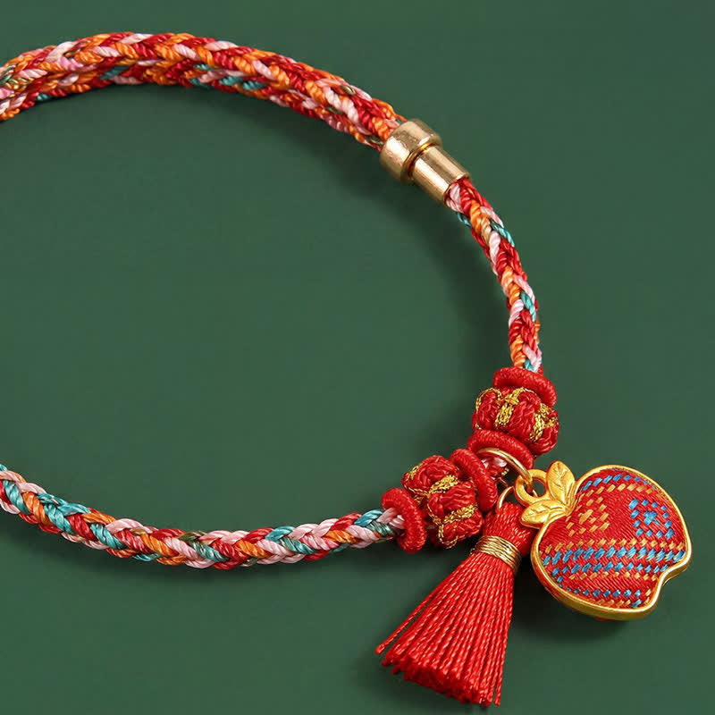 Buddha Stones Handmade Five-Color Cord Luck Red Song Brocade Chinese Lock Charm Apple Money Bag Gourd Zongzi Braided Bracelet