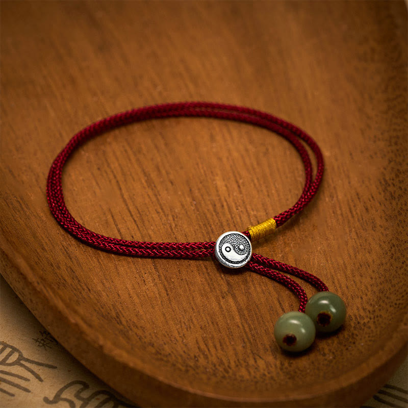 Buddha Stones 925 Sterling Silver Handmade Round Yin Yang Protection Vintage Braided Red String Bracelet