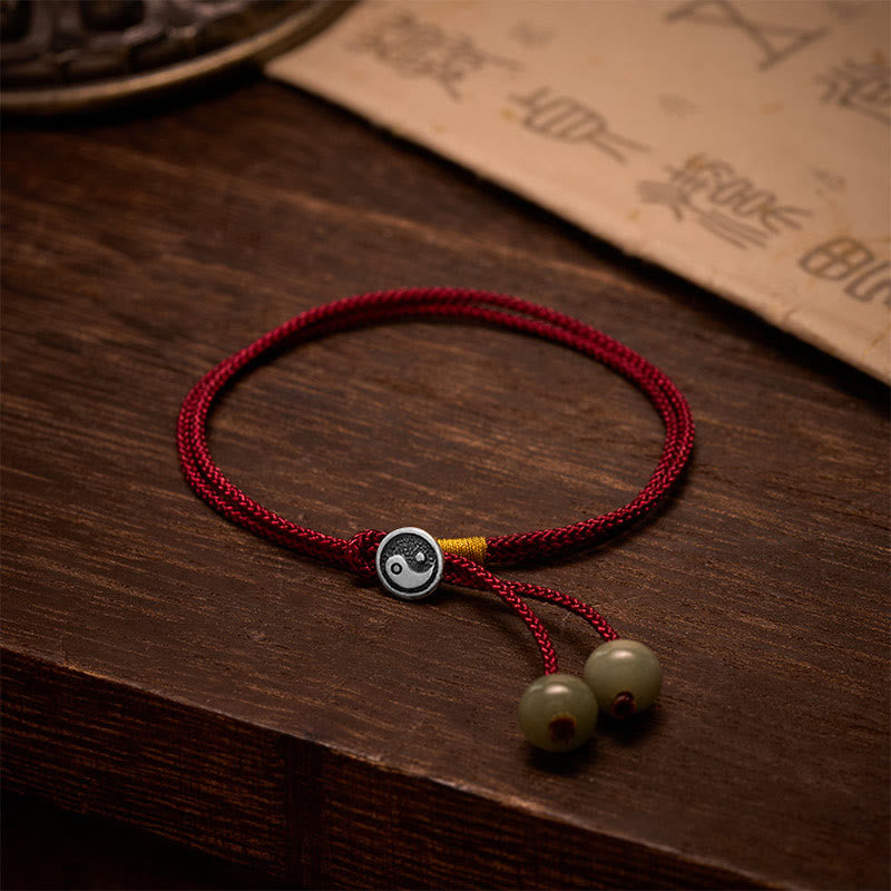 Buddha Stones 925 Sterling Silver Handmade Round Yin Yang Protection Vintage Braided Red String Bracelet