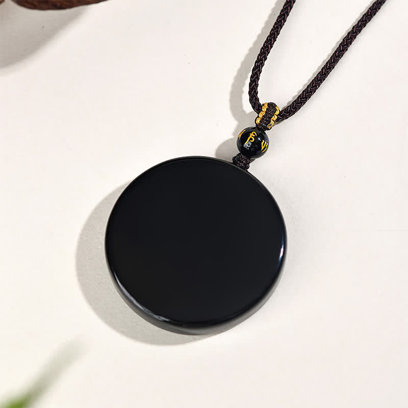 Buddha Stones Black Obsidian Round Shape Protection Braided Rope Necklace