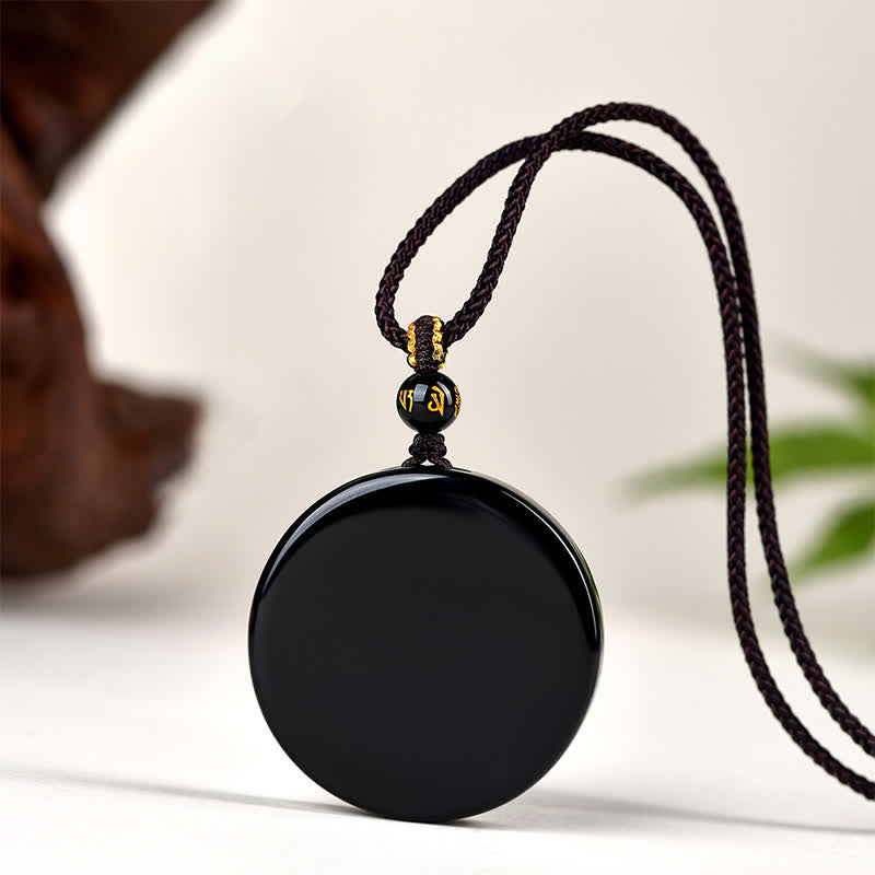 Buddha Stones Black Obsidian Round Shape Protection Braided Rope Necklace